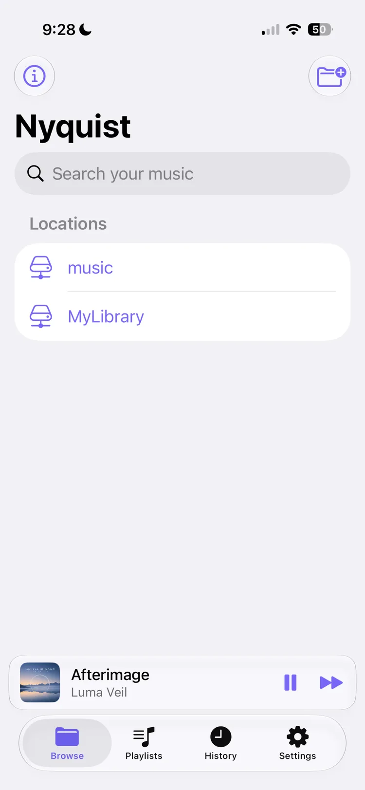 Nyquist on iPhone home screen showing saved local and NAS locations with a search field.