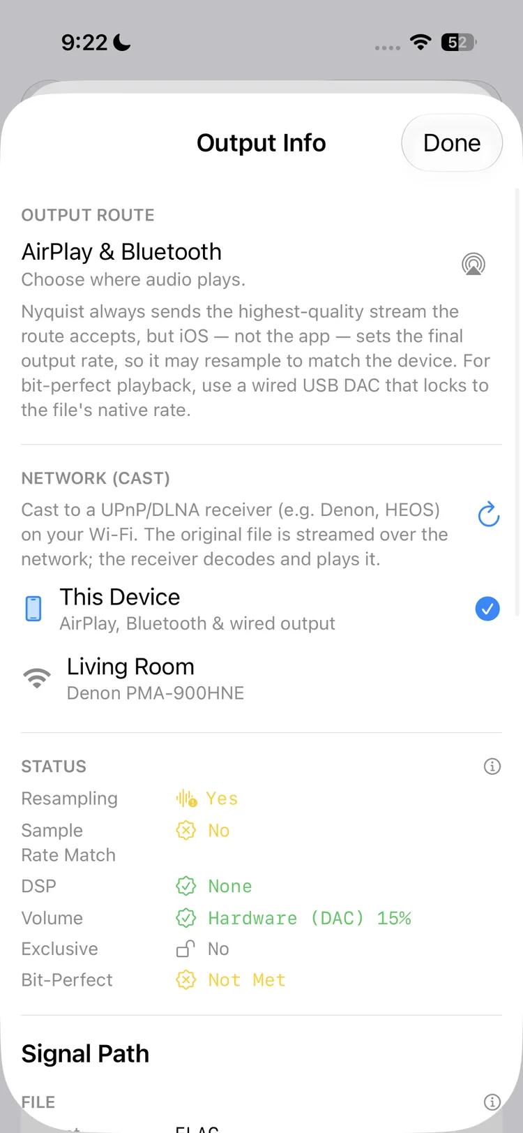 Nyquist on iPhone output picker showing AirPlay, Bluetooth, wired output, and a UPnP/DLNA network receiver.