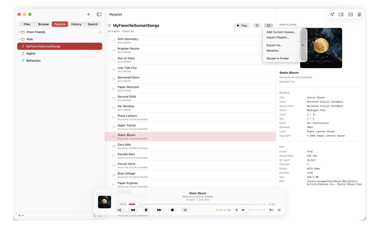 Nyquist on macOS showing a playlist of tracks with the export and import menu open.