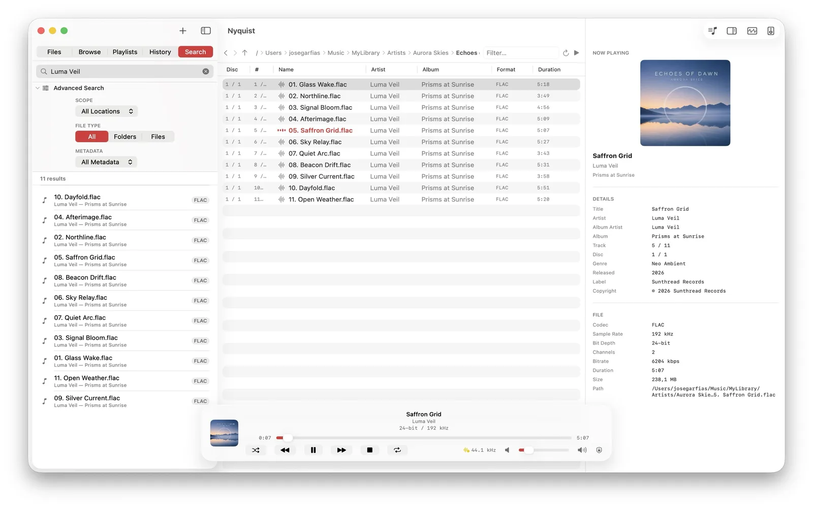 Nyquist on macOS search view with results across saved locations and filters by file type and metadata field.